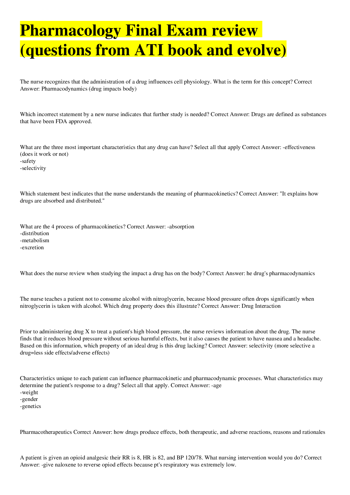 Preview image for Pharmacology Final Exam review With grade A+ answers.